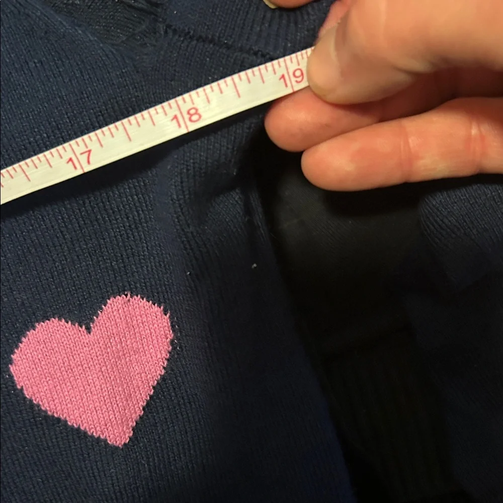 J Crew- Heart Patterned Navy and Pink Sweater, Size Medium - Picture 12 of 13